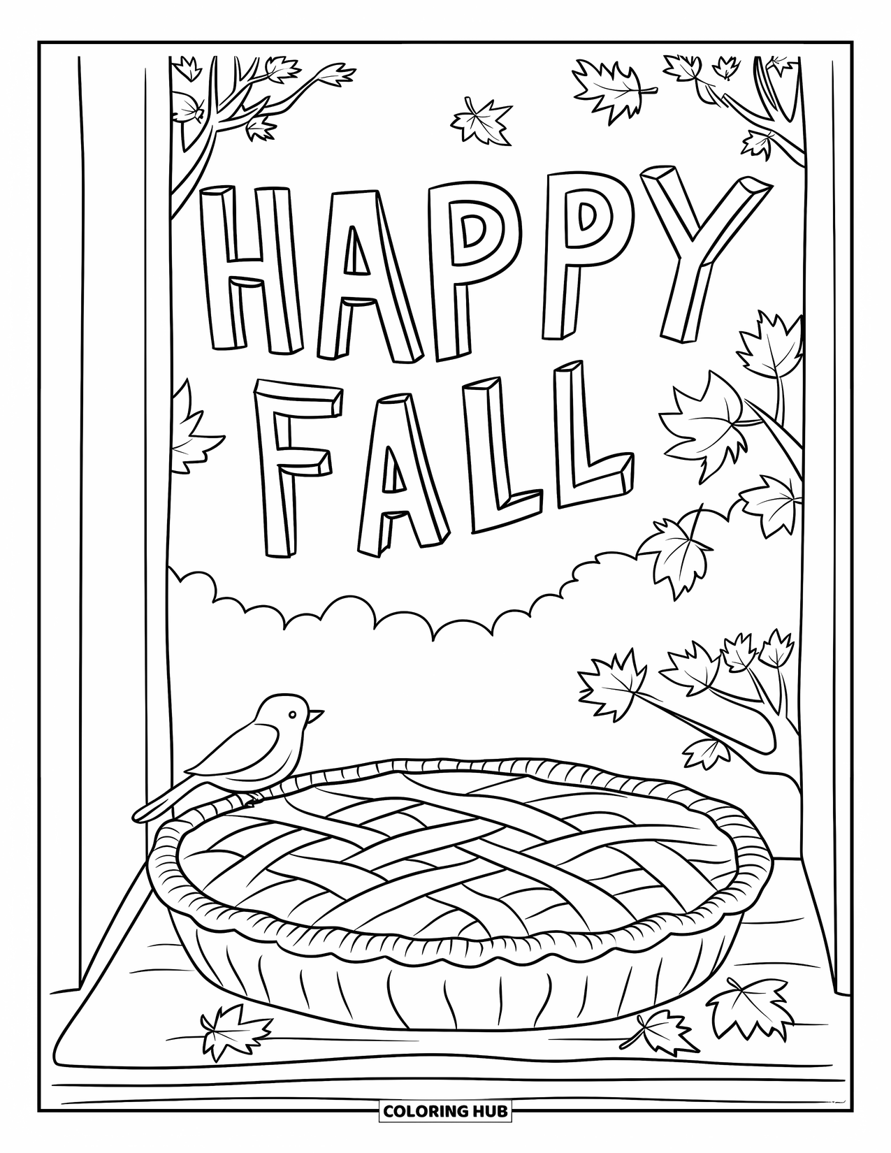 Happy Fall Coloring Page for Kids: A pie cools on a windowsill as "Happy Fall" floats in the breeze