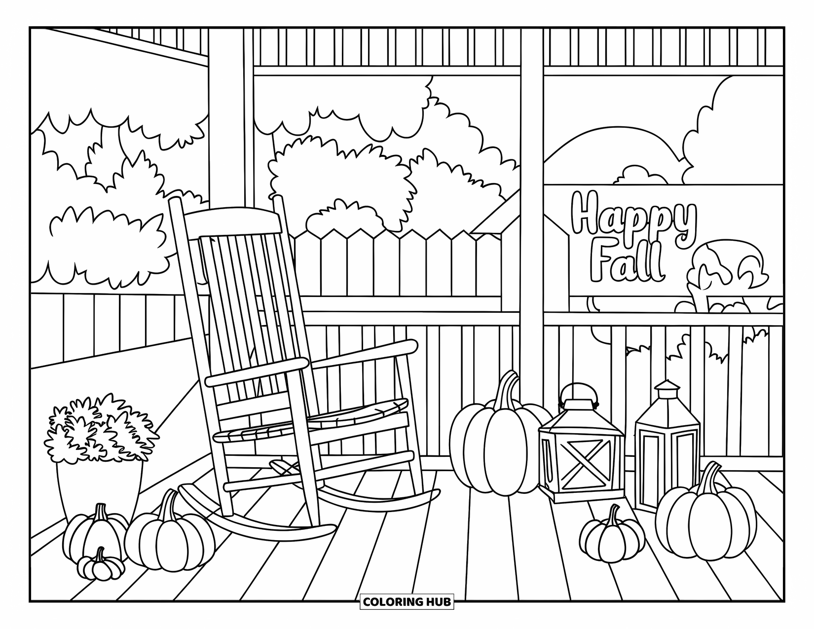 Happy Fall Coloring Page for Kids: A porch scene with pumpkins, a rocking chair, and a warm fall welcome
