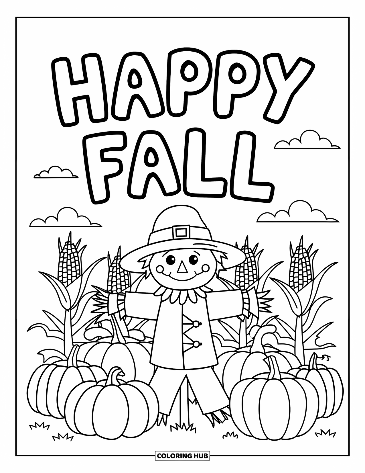 Happy Fall Coloring Page for Kids: A pumpkin patch scarecrow stands tall under a clear sky and "Happy Fall" banner