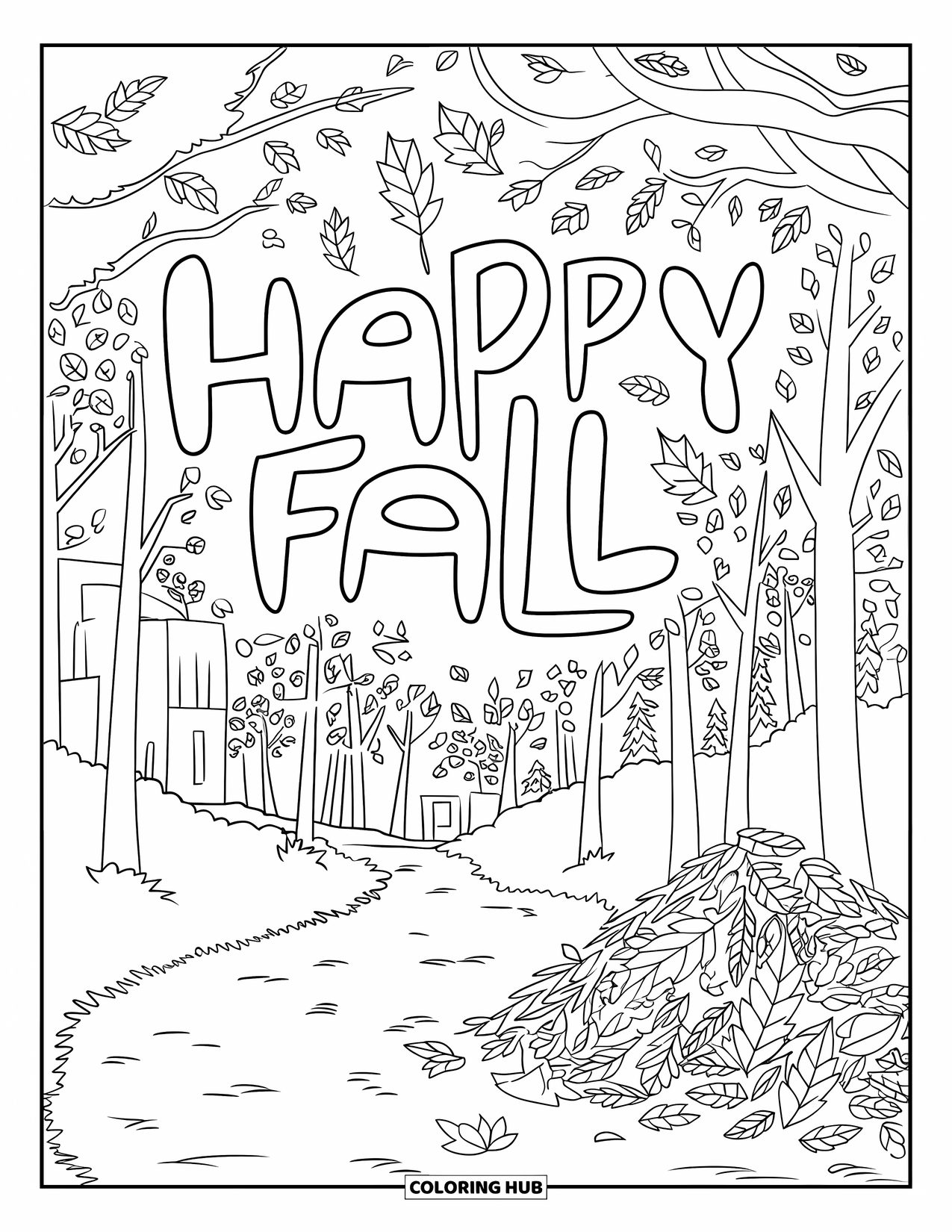 Happy Fall Coloring Page for Kids: A quiet fall forest path is filled with leaves and a "Happy Fall" greeting