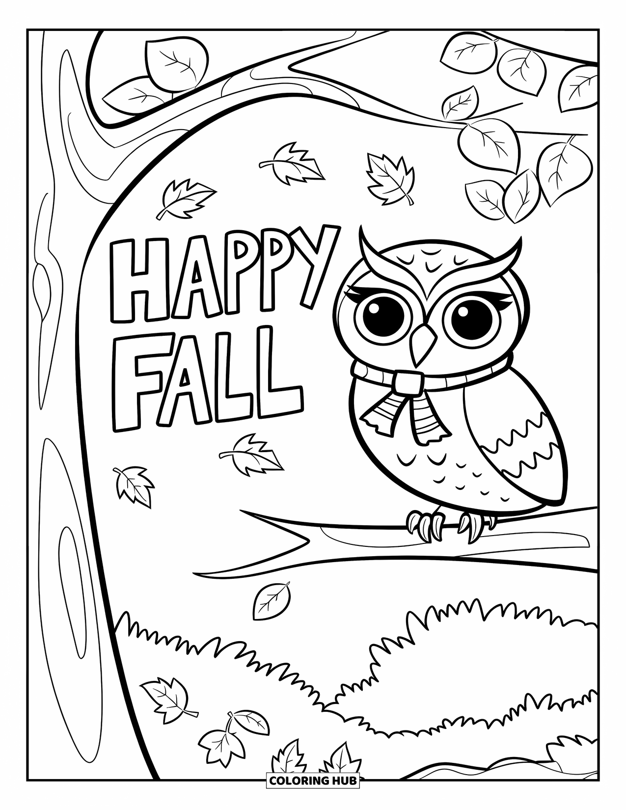 Happy Fall Coloring Page for Kids: A scarfed owl watches over fallen leaves beneath a "Happy Fall" sign
