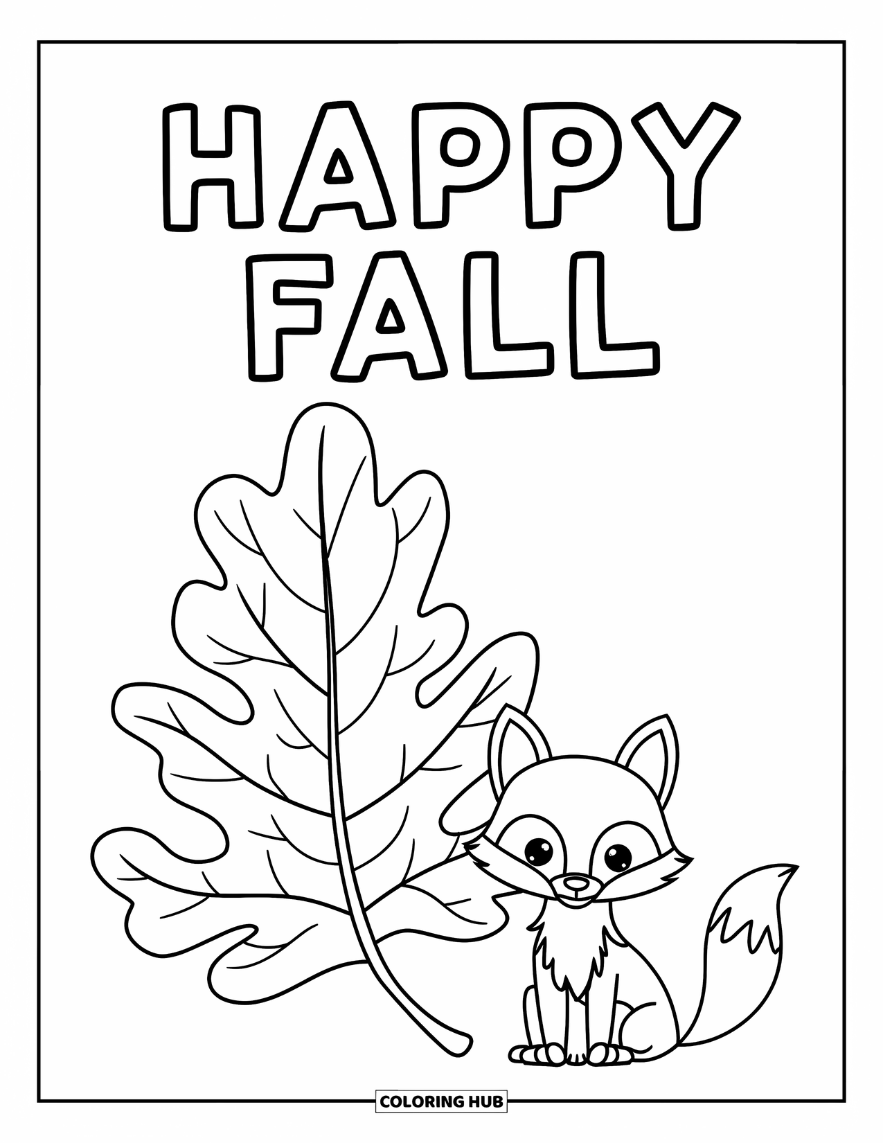 Happy Fall Coloring Page for Kids: A small fox sits beside a giant oak leaf with "Happy Fall" above