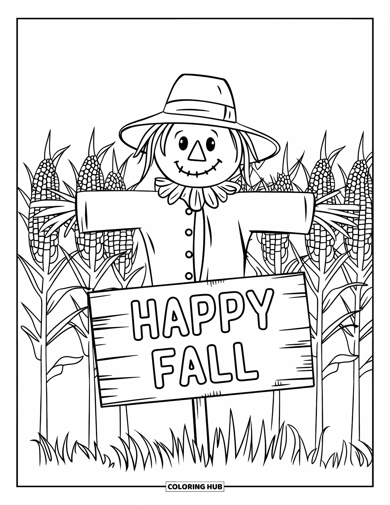 Happy Fall Coloring Page for Kids: A smiling scarecrow in a field holds a cheerful "Happy Fall" sign