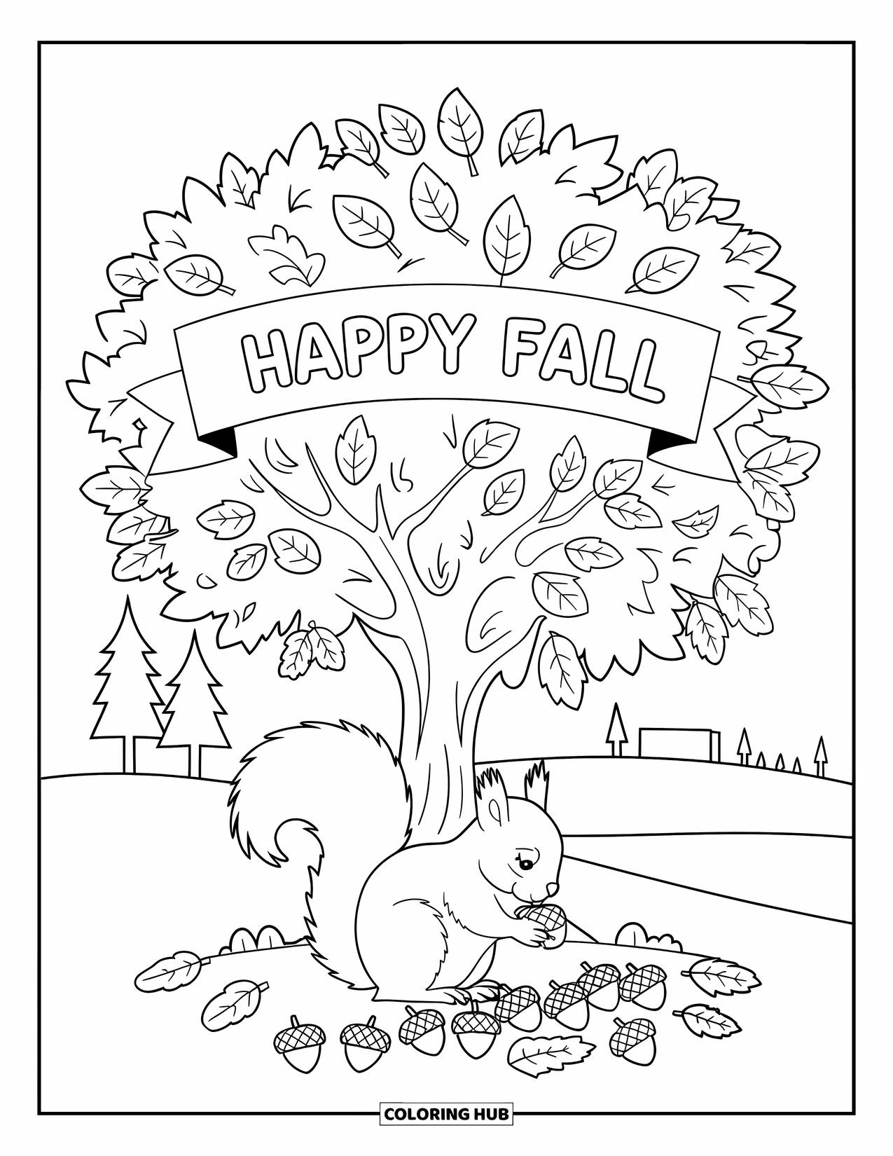 Happy Fall Coloring Page for Kids: A squirrel collects acorns beneath colorful fall trees and a cheerful "Happy Fall" sign