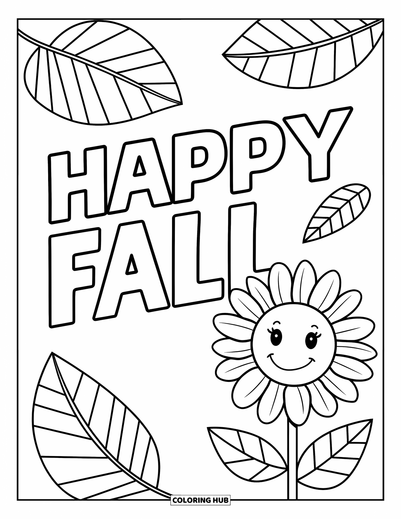 Happy Fall Coloring Page for Kids: A sunflower grins next to swirling leaves and bold "Happy Fall" letters