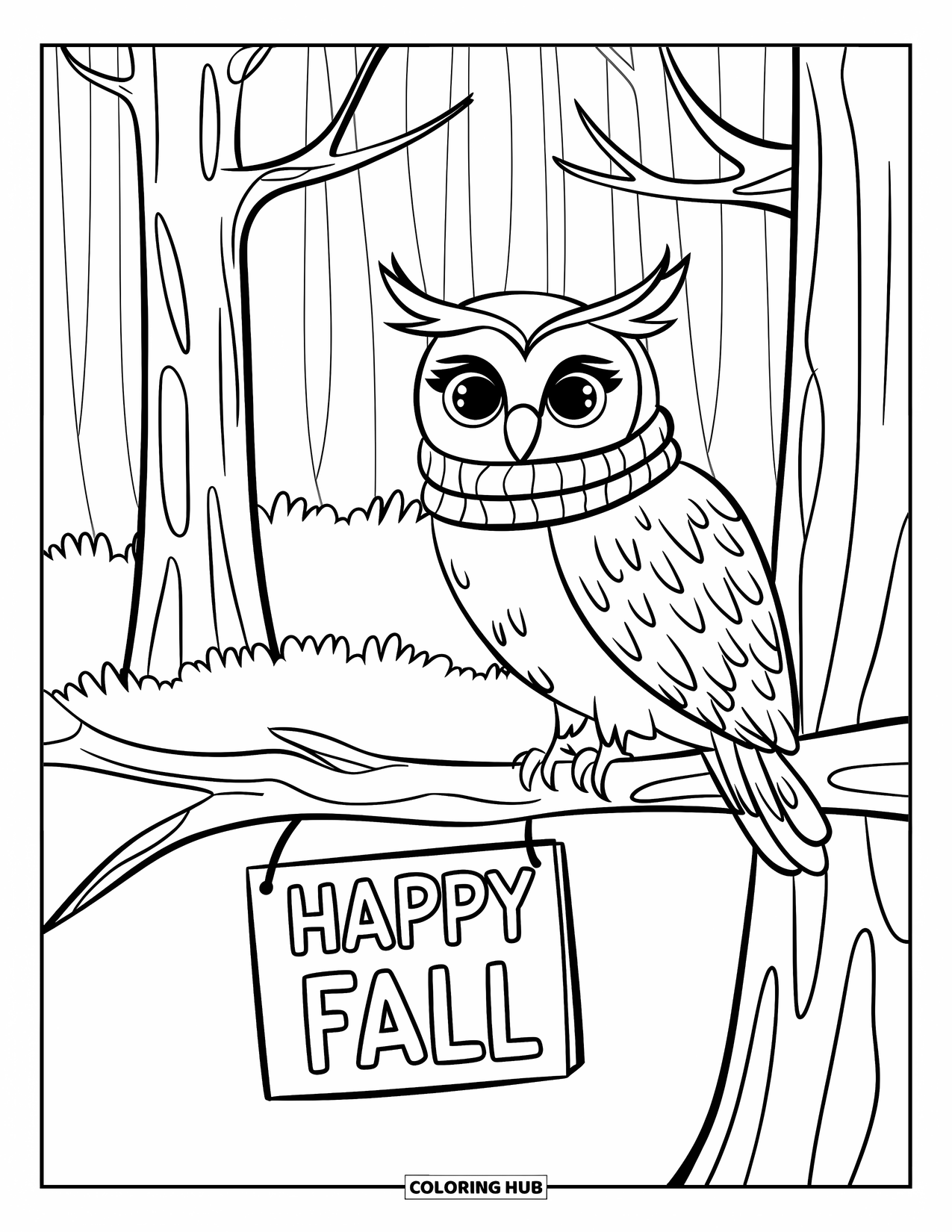 Happy Fall Coloring Page for Kids: A tiny owl with a scarf perches near trees and a "Happy Fall" sign