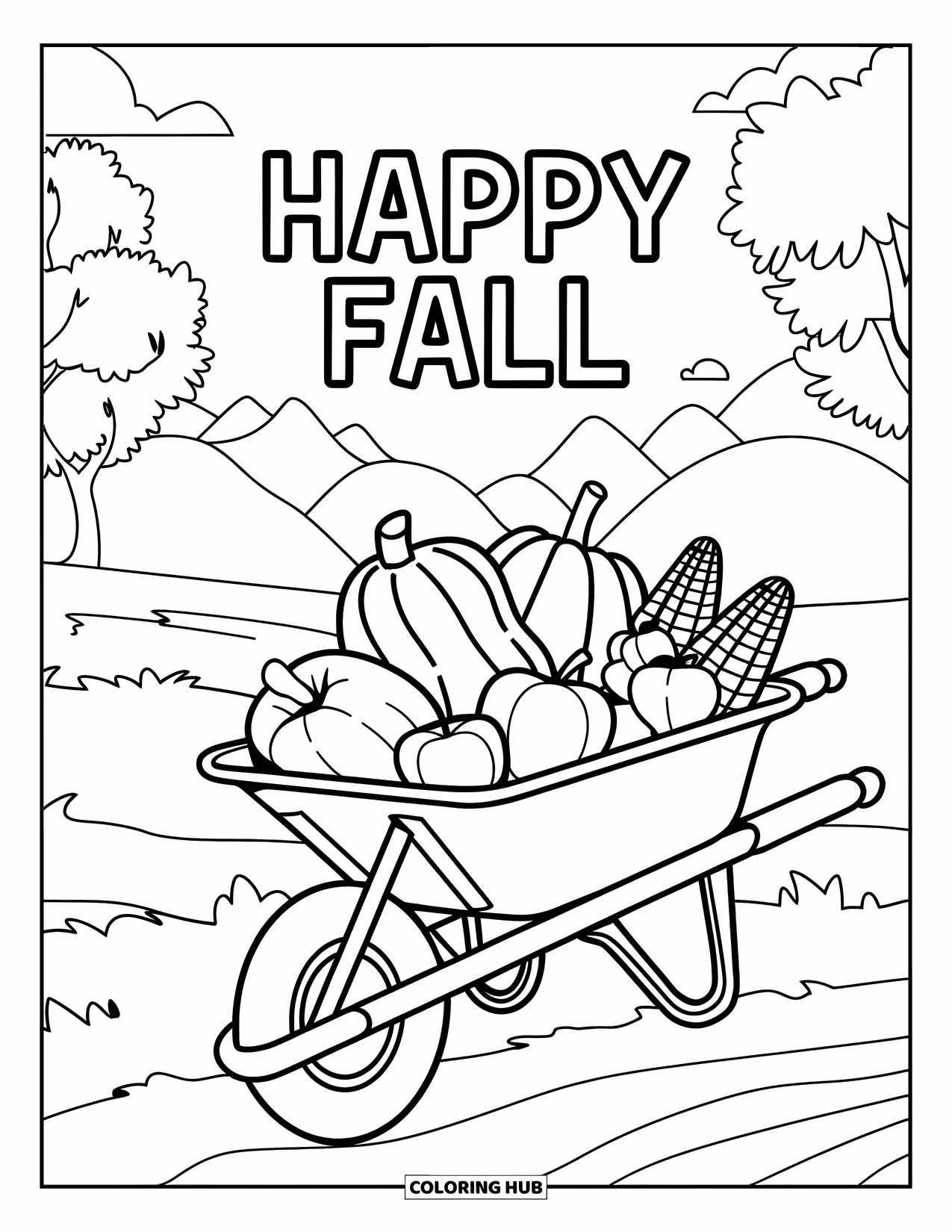 Happy Fall Coloring Page for Kids: A wheelbarrow filled with fall harvest sits beneath a glowing "Happy Fall" sign