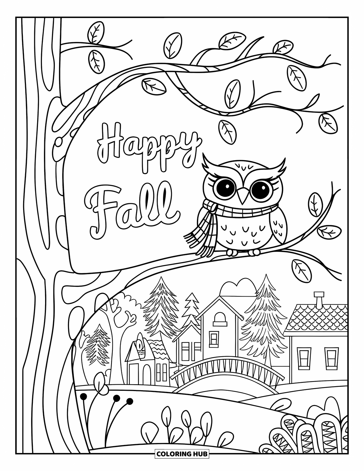 Happy Fall Coloring Page for Kids: An owl on a branch gazes across houses and trees under a "Happy Fall" sign