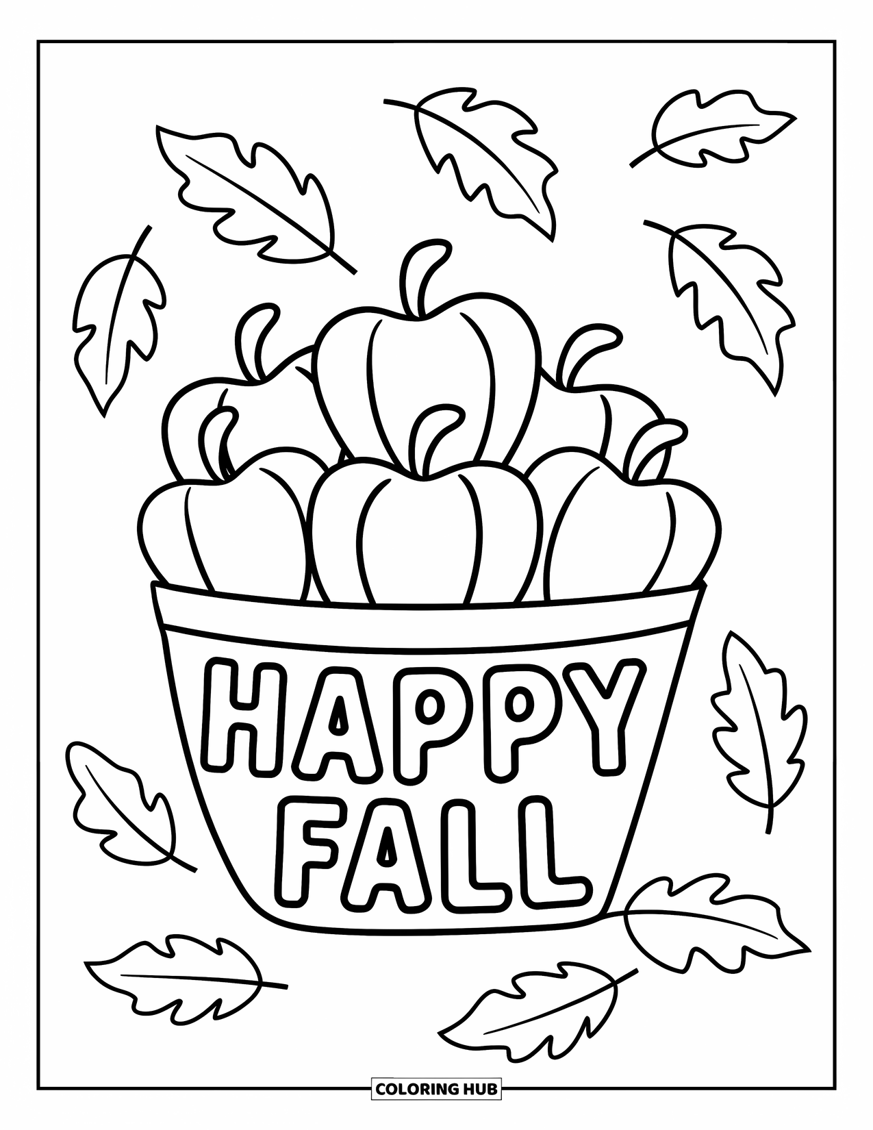 Happy Fall Coloring Page for Kids: Apples and leaves fill a basket under a bold "Happy Fall" message