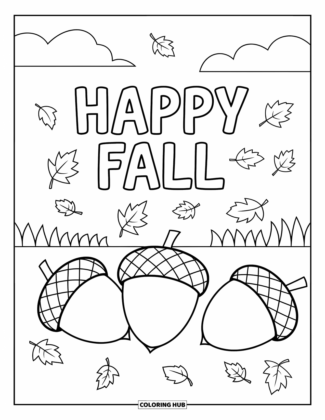 Happy Fall Coloring Page for Kids: Big acorns rest on the ground as leaves fall and "Happy Fall" floats above