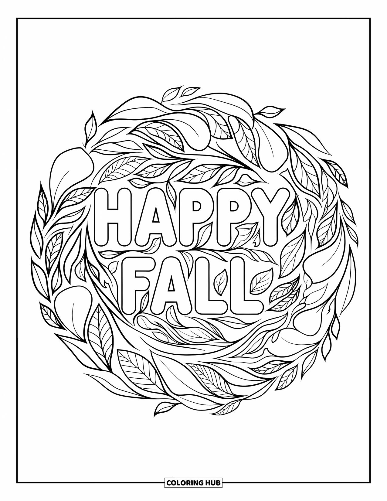 Happy Fall Coloring Page for Kids: "Happy Fall" is circled by swirling leaves in various shapes and sizes