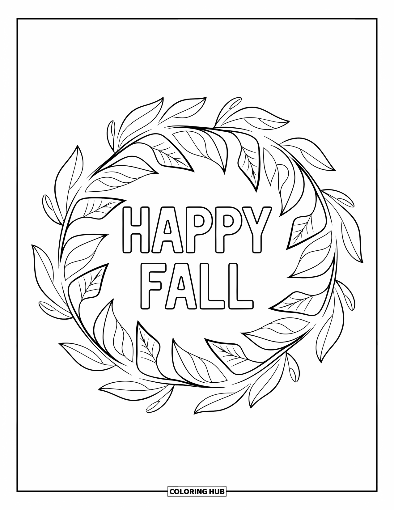 Happy Fall Coloring Page for Kids: Leaves dance in a circle around bold "Happy Fall" text in the center
