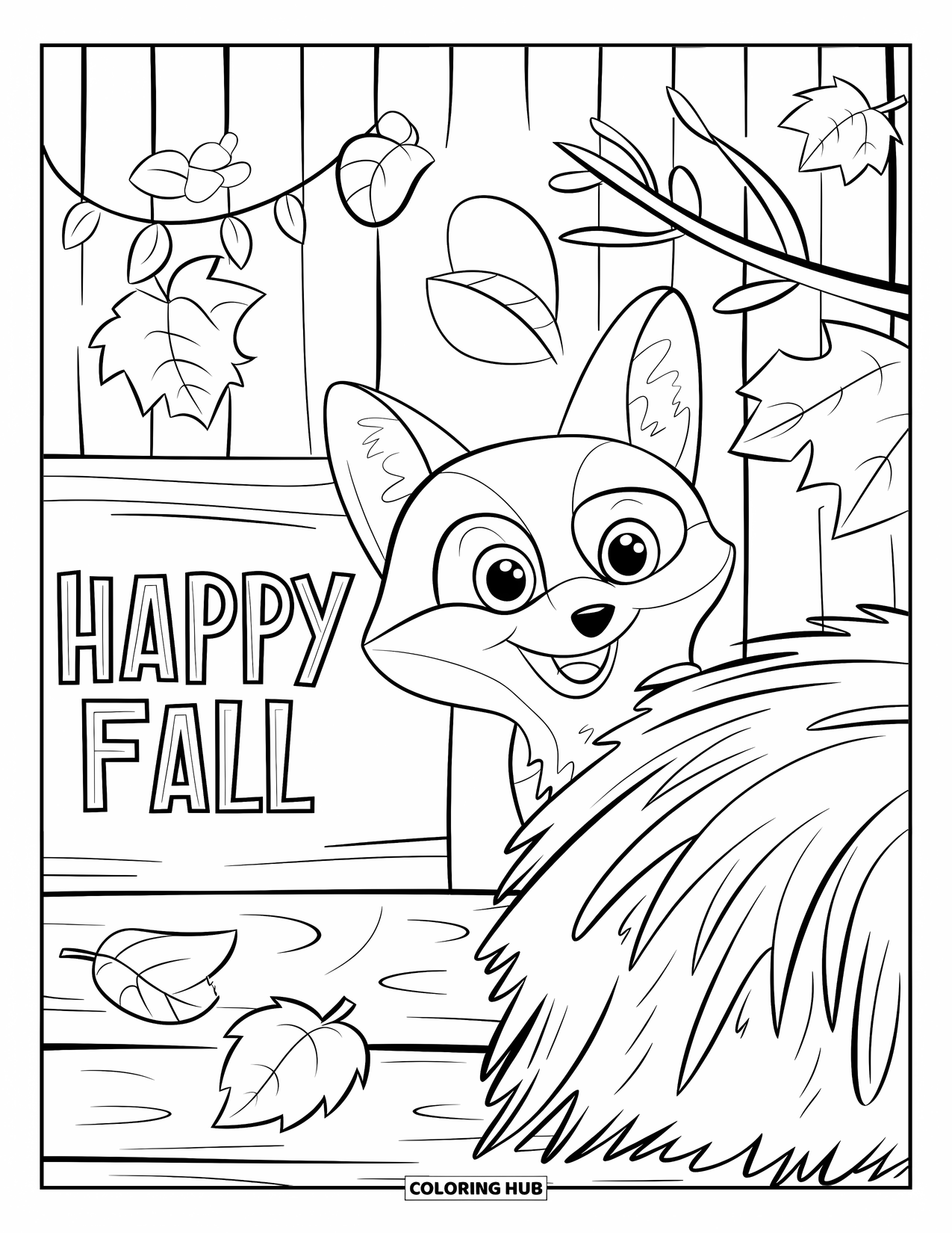Happy Fall Coloring Page for Kids: Leaves fall around a curious fox in hay next to a "Happy Fall" sign