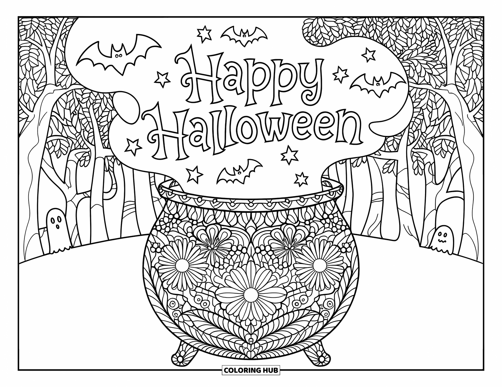 Happy Halloween Coloring Page for Adults: A bat, ghost, and pumpkins decorate a floral cauldron in a misty forest
