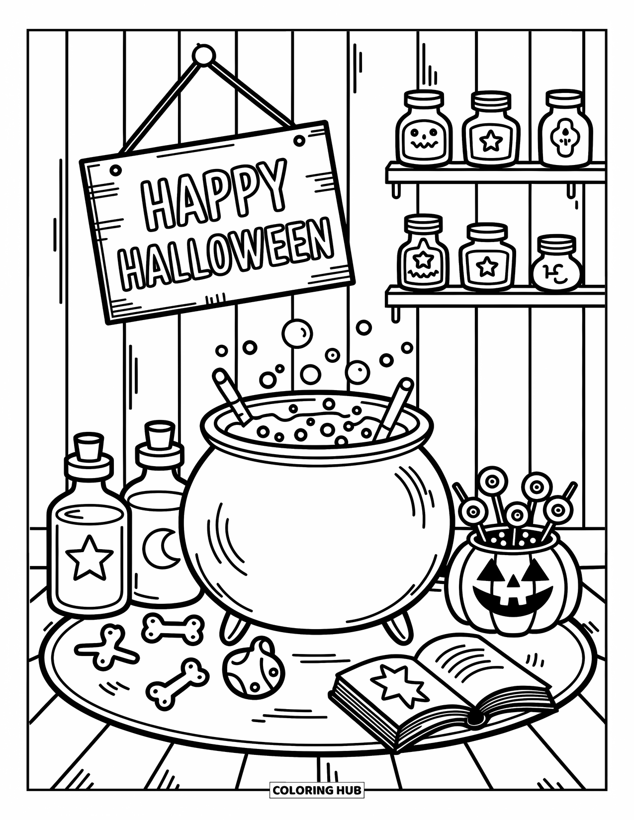 Happy Halloween Coloring Page for Adults: A bubbling cauldron and spellbook sit in a cozy potion room