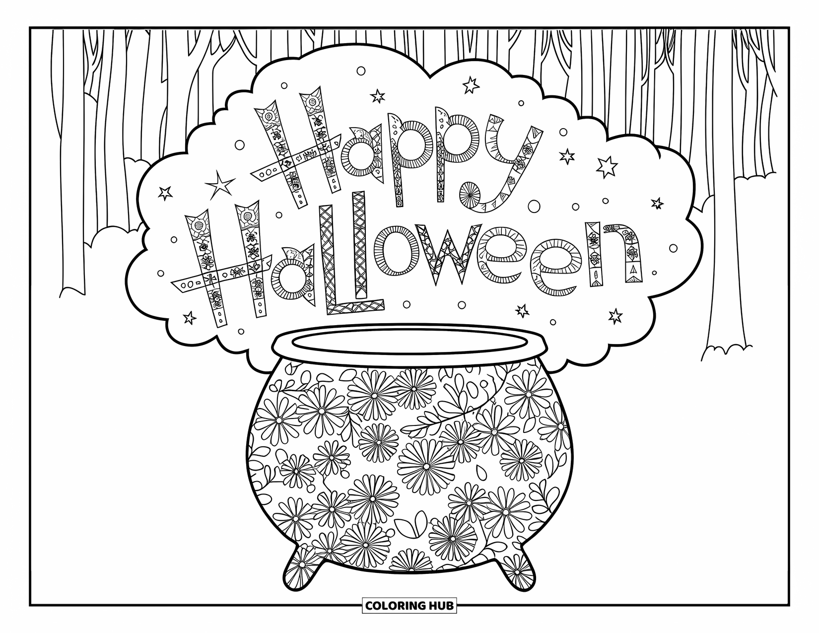 Happy Halloween Coloring Page for Adults: A bubbling cauldron with Halloween smoke sits in a forest clearing