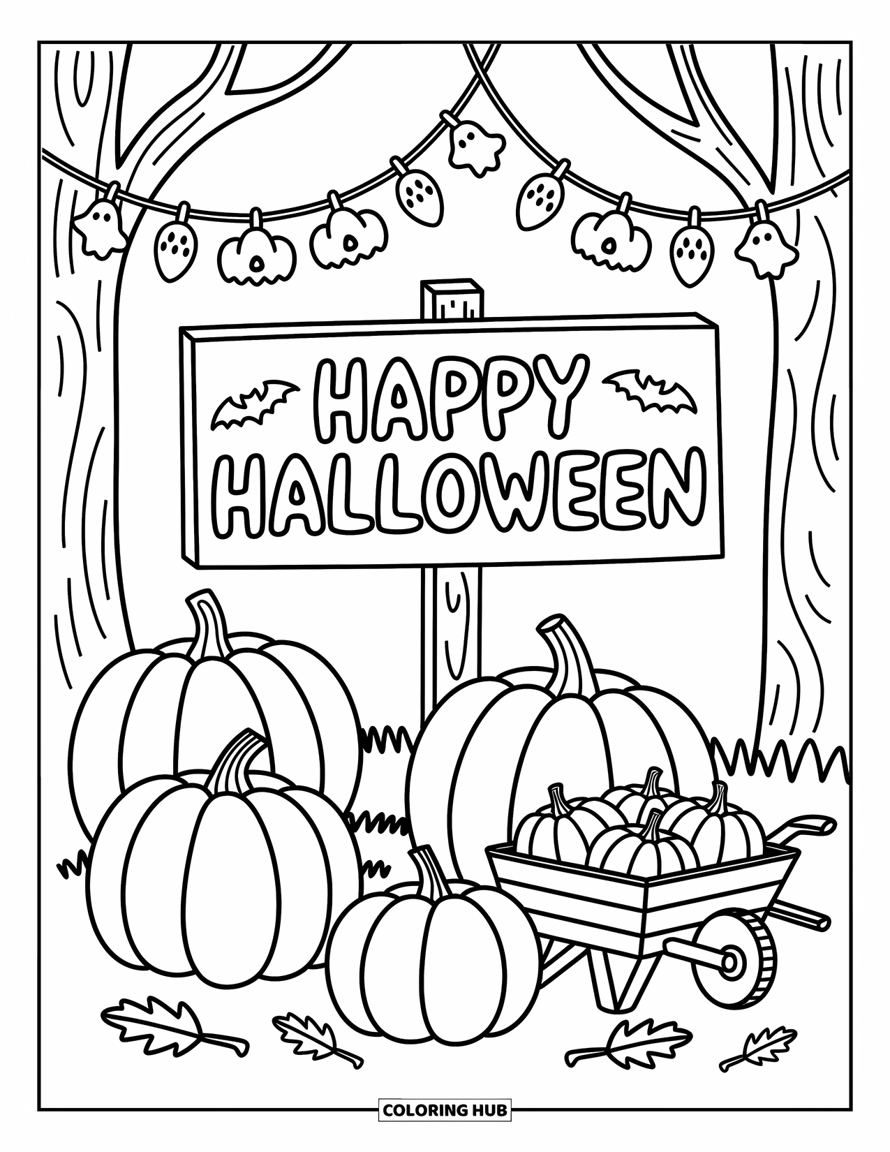Happy Halloween Coloring Page for Adults: A festive pumpkin patch with garlands, candy shapes, and a happy Halloween sign