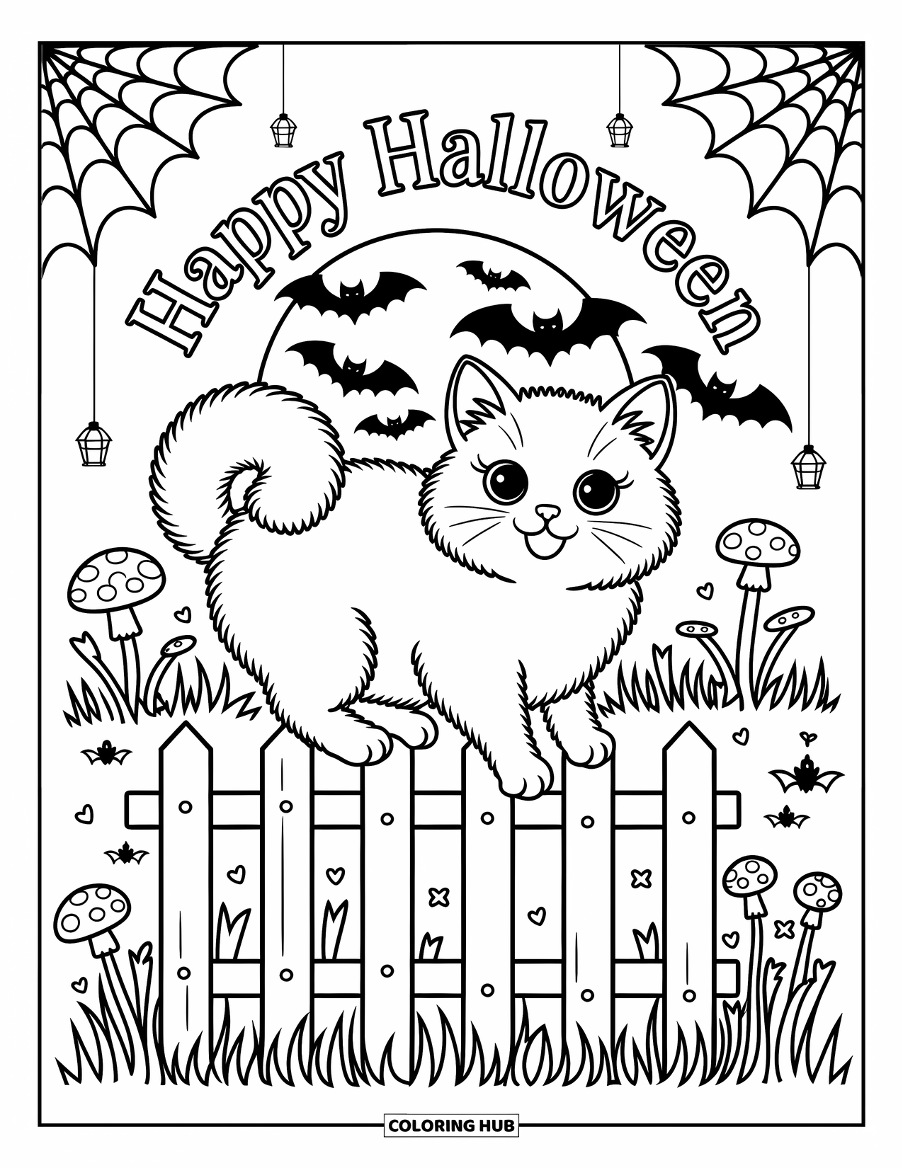Happy Halloween Coloring Page for Adults: A fluffy cat perches on a fence with bats and a full moon