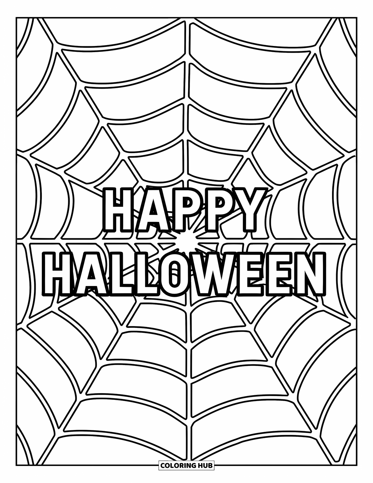 Happy Halloween Coloring Page for Adults: A giant spiderweb with "Happy Halloween" woven through the center