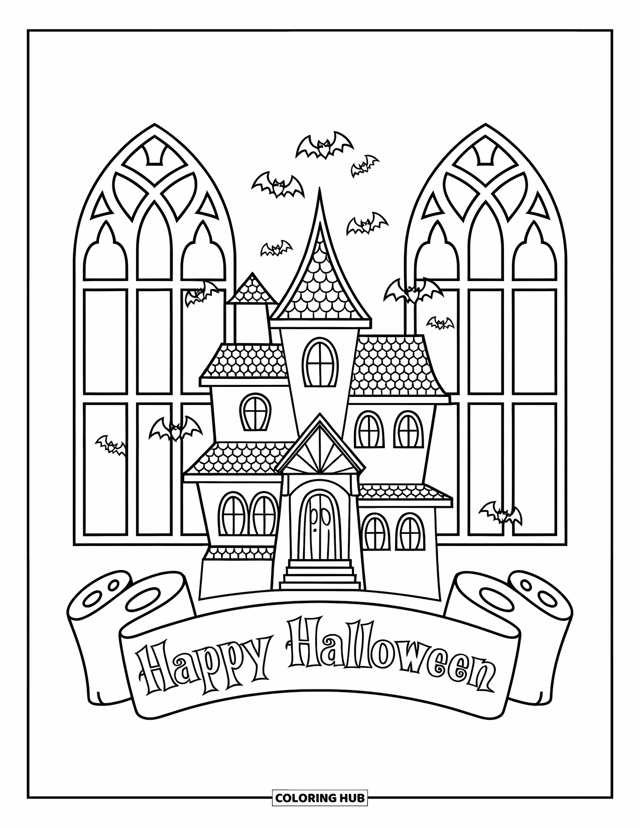Happy Halloween Coloring Page for Adults: A haunted house with bats is framed by gothic arches and scrolls