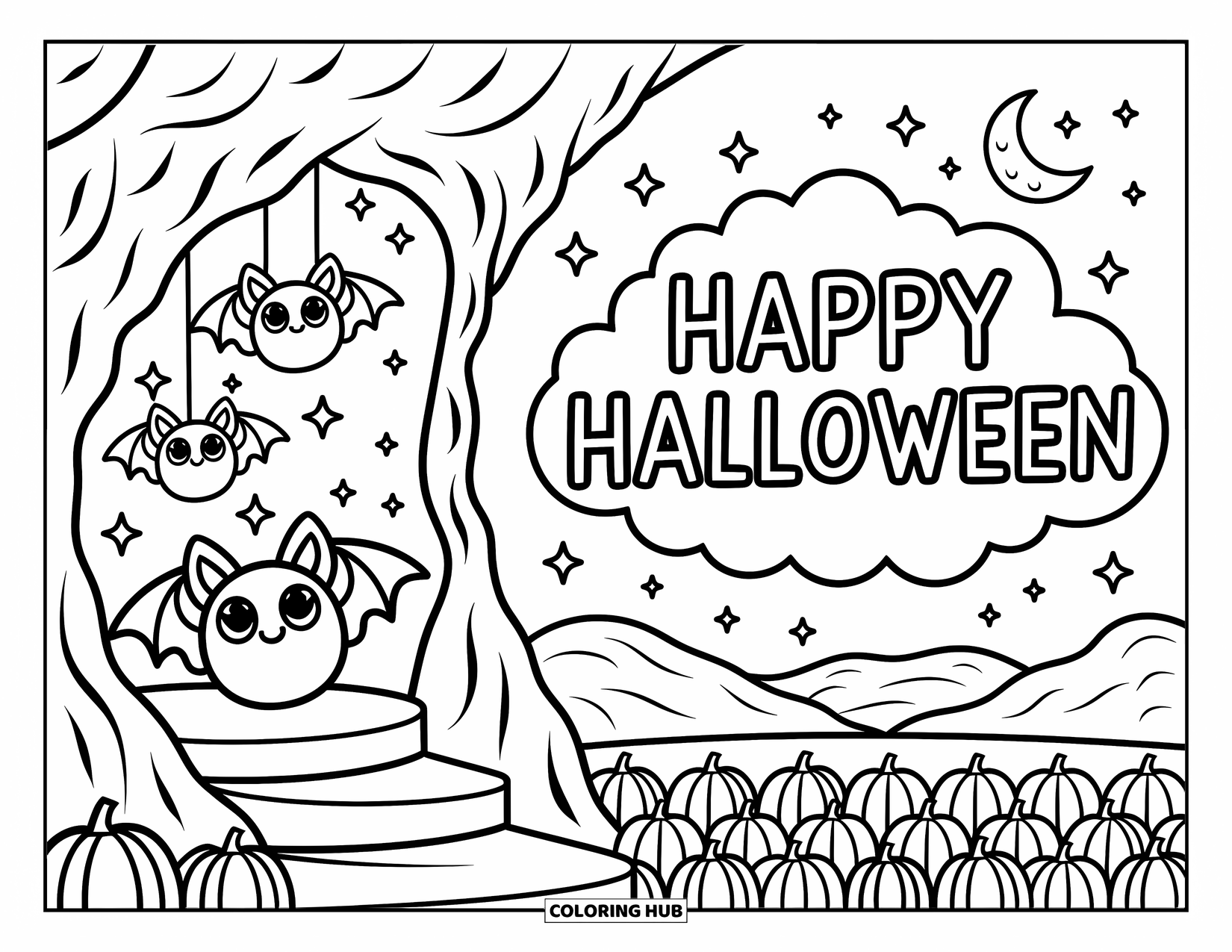 Happy Halloween Coloring Page for Adults: A mountain view with bats, pumpkins, and "Happy Halloween" floating in the sky