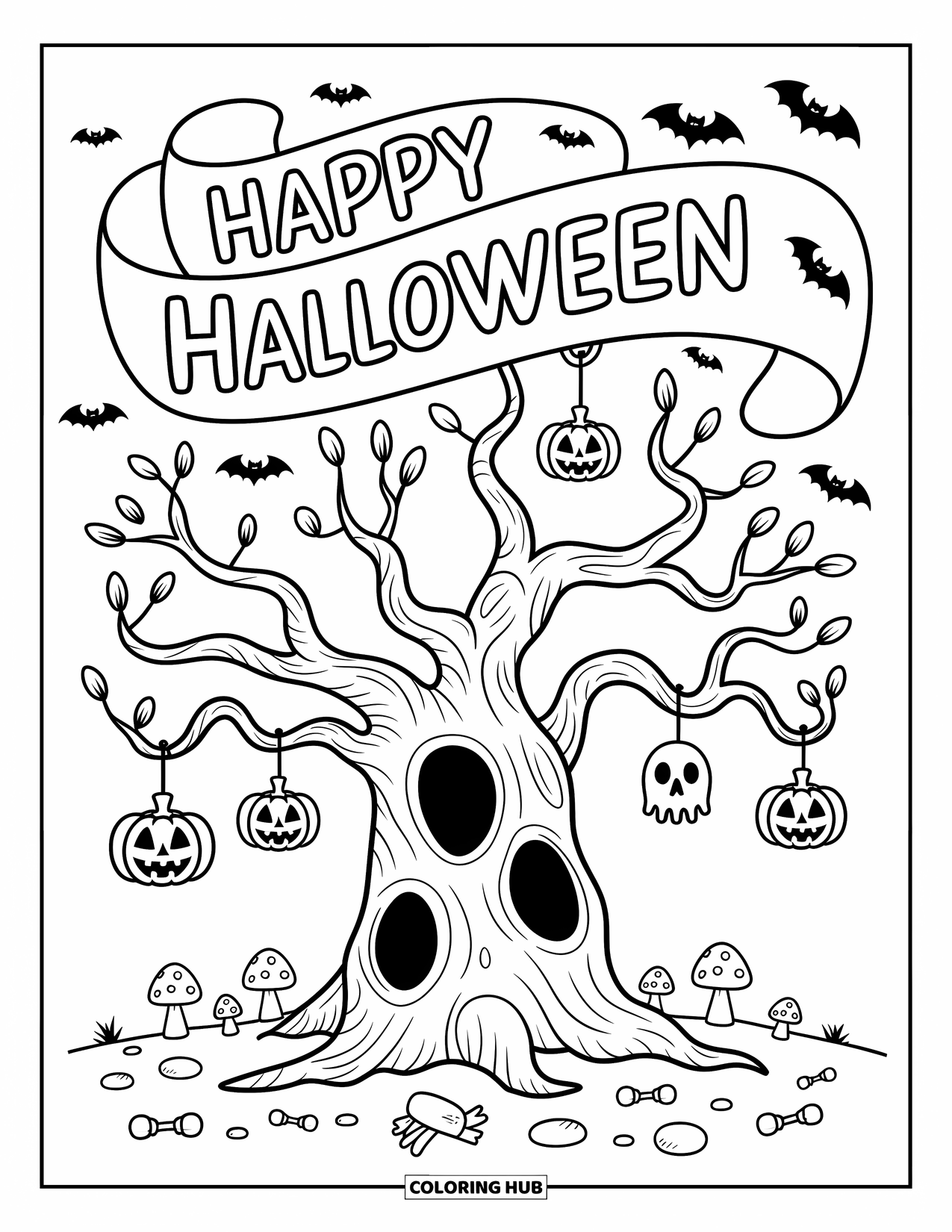 Happy Halloween Coloring Page for Adults: A playful tree holds lanterns and candies under a fun "Happy Halloween" banner
