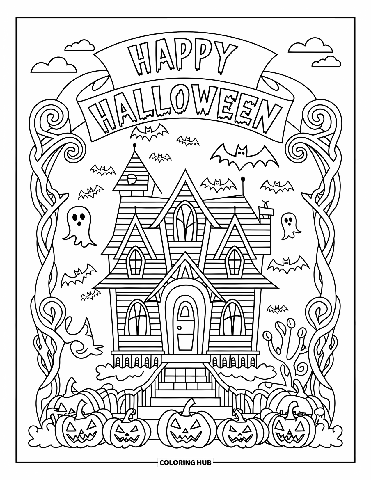 Happy Halloween Coloring Page for Adults: A pointed-roof house surrounded by spooky trees and flying bats