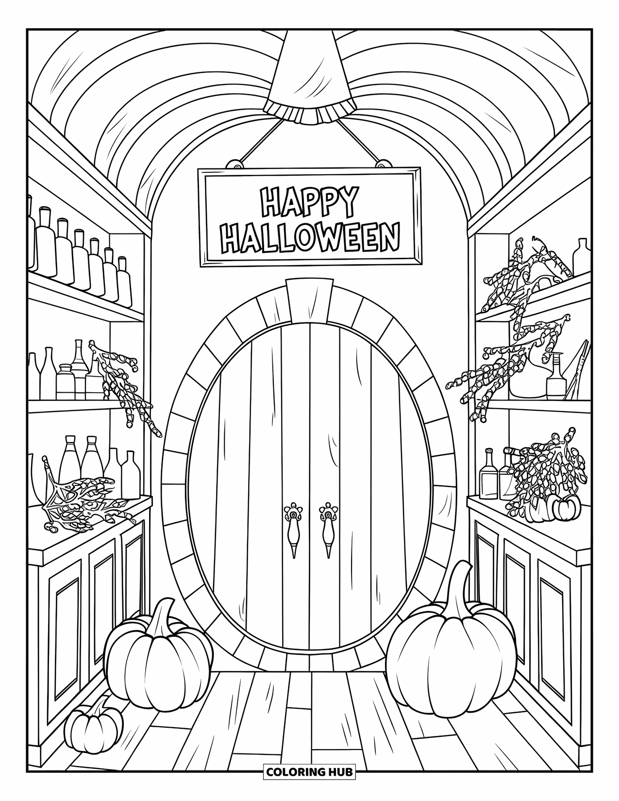 Happy Halloween Coloring Page for Adults: A rustic apothecary with herbs and potions under a cheerful Halloween banner