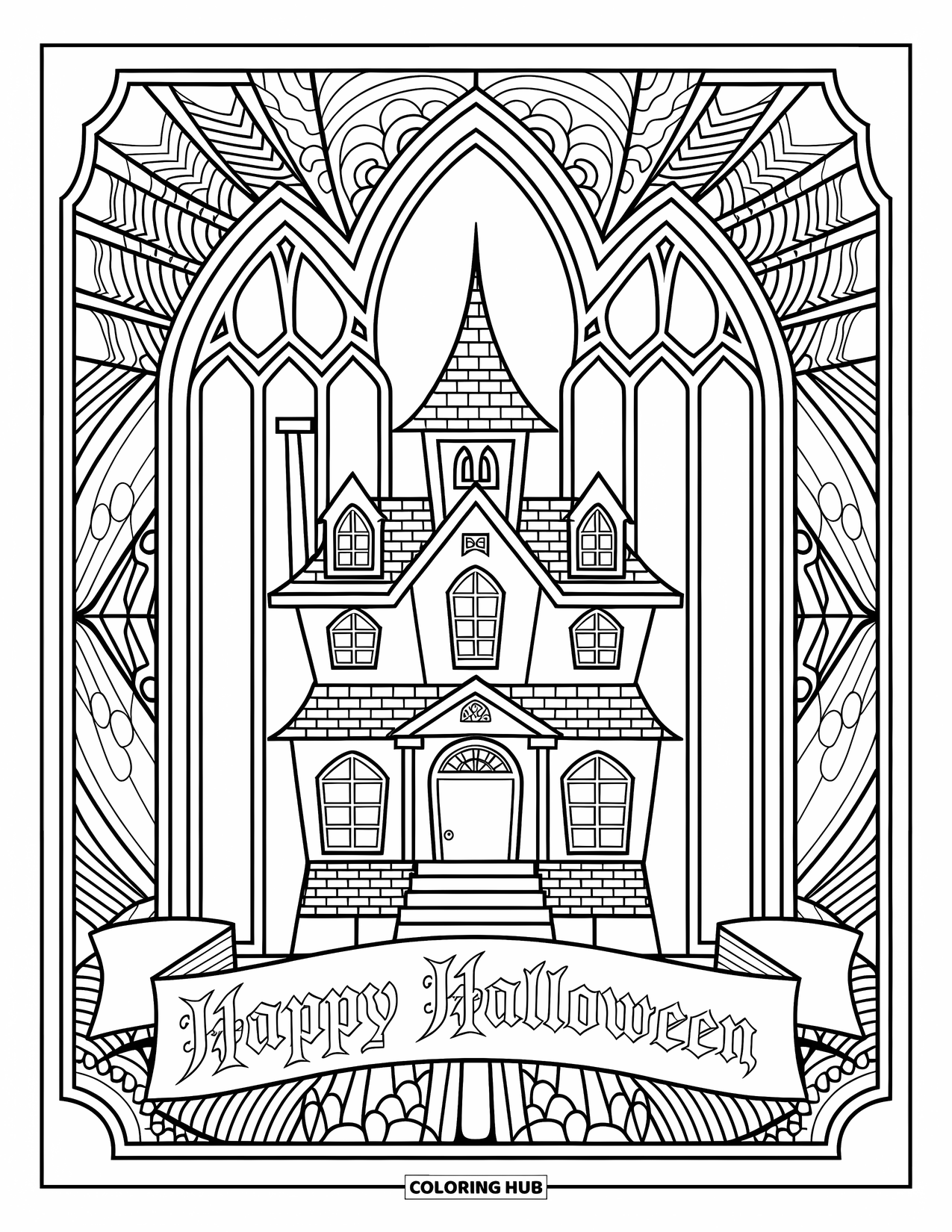 Happy Halloween Coloring Page for Adults: A spooky house framed with gothic windows and detailed patterns
