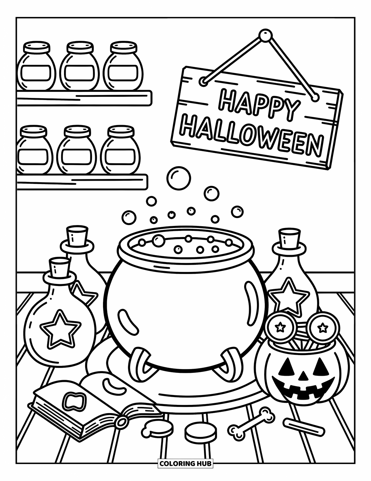 Happy Halloween Coloring Page for Adults: A warm room with a bubbling cauldron and jars full of Halloween magic