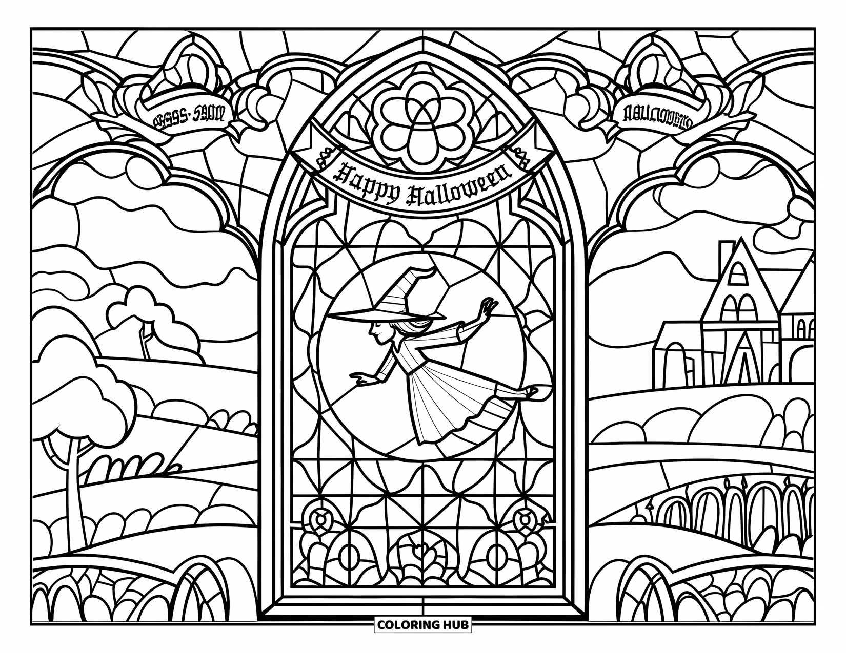 Happy Halloween Coloring Page for Adults: A witch soars over trees and a castle in a Gothic stained glass window