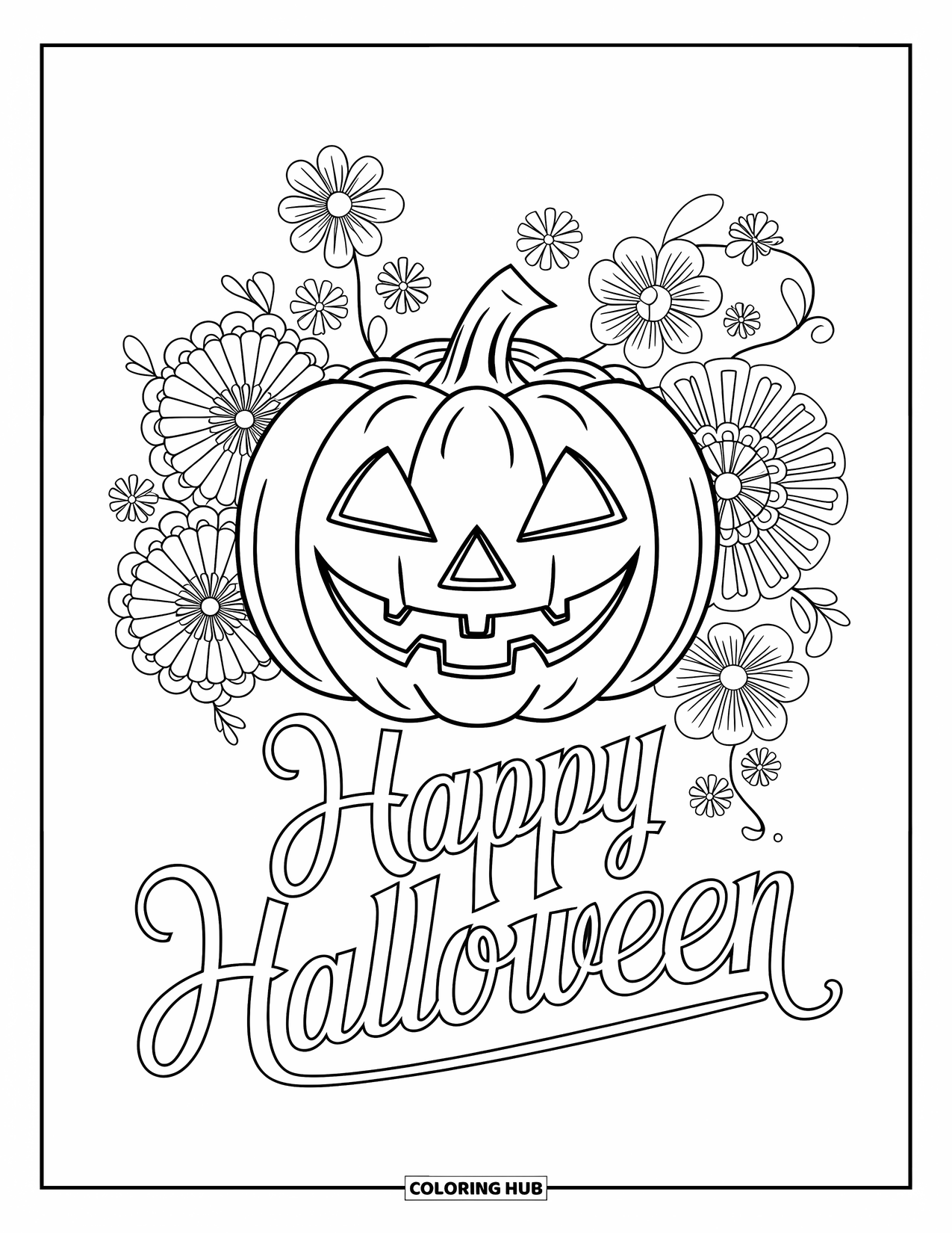 Happy Halloween Coloring Page for Adults: An ornate pumpkin with triangle eyes rests in a bed of floral mandalas