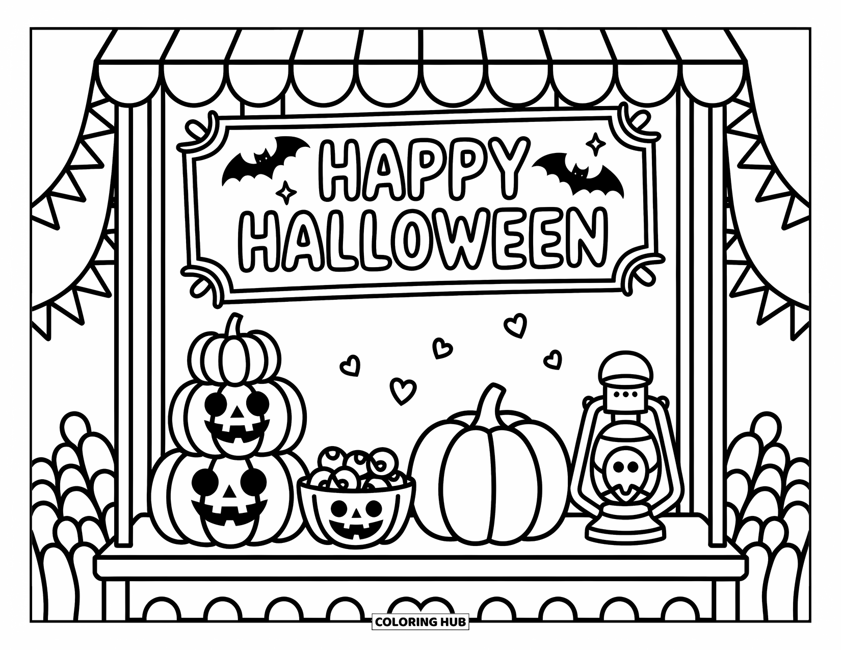 Happy Halloween Coloring Page for Adults: Baskets of candy and pumpkin pies sit under a cozy "Happy Halloween" market stall