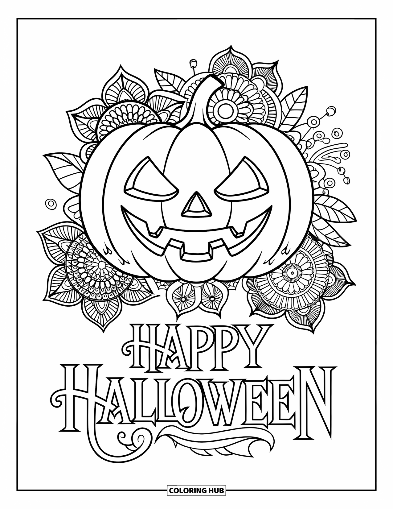 Happy Halloween Coloring Page for Adults: Floral mandalas and "Happy Halloween" surround a grinning pumpkin