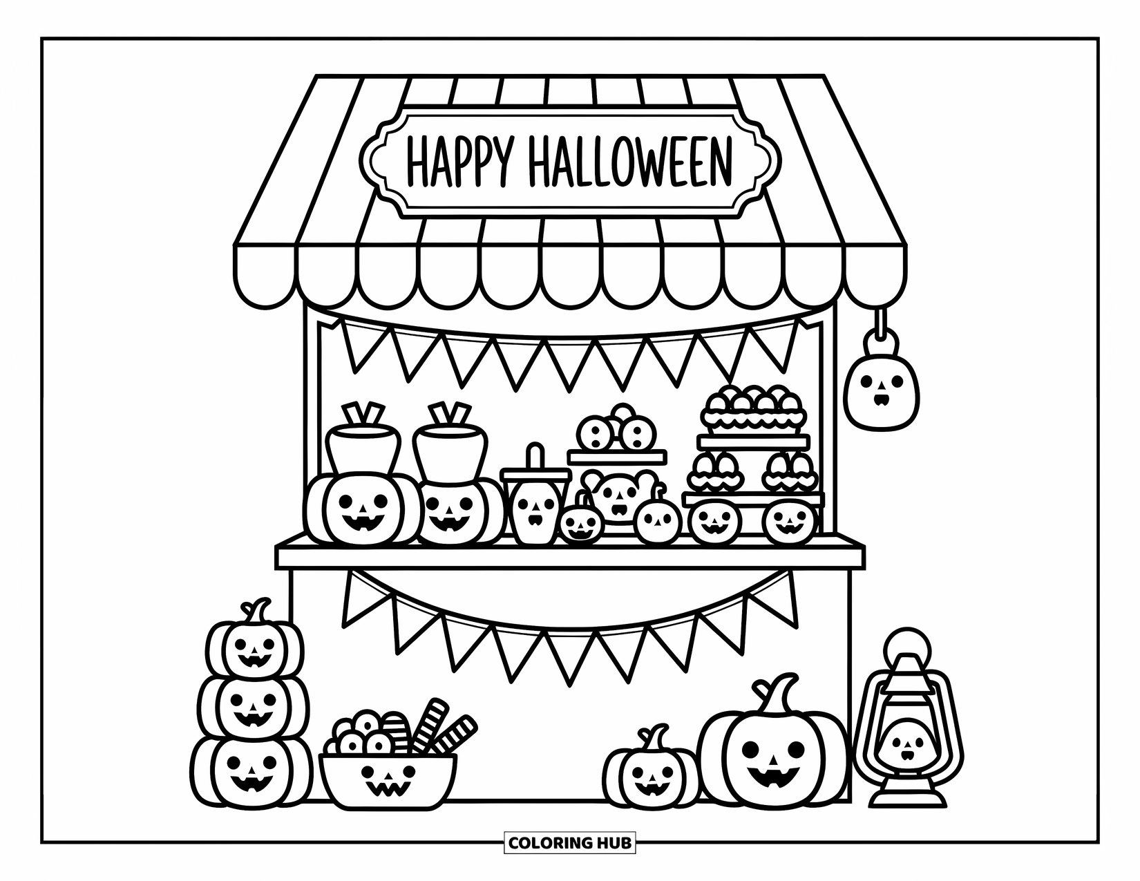 Happy Halloween Coloring Page for Adults: Halloween goodies and stacked pumpkins fill a cute striped market stall