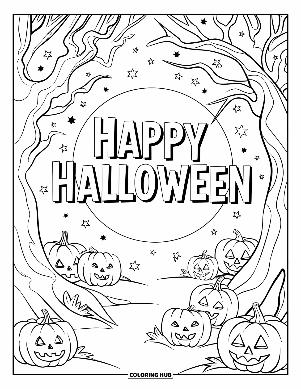 Happy Halloween Coloring Page for Adults: Pumpkins and trees stand under a starry Halloween sky