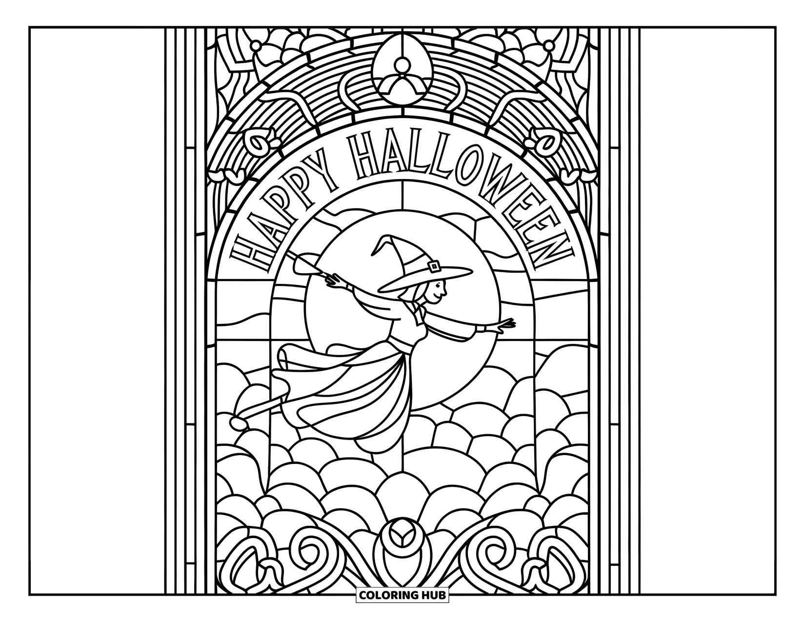 Happy Halloween Coloring Page for Adults: Stained glass window shows a witch flying with "Happy Halloween" above