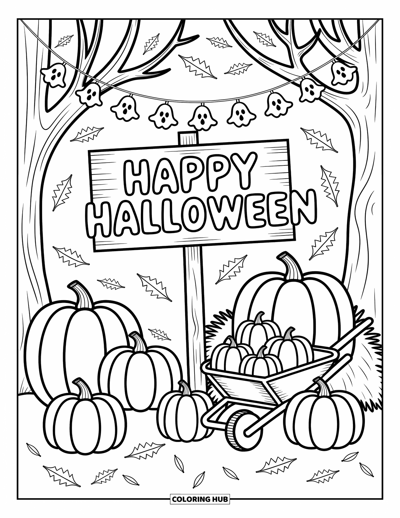 Happy Halloween Coloring Page for Adults: Tiny ghosts and candy hang above pumpkins near a haystack and wheelbarrow