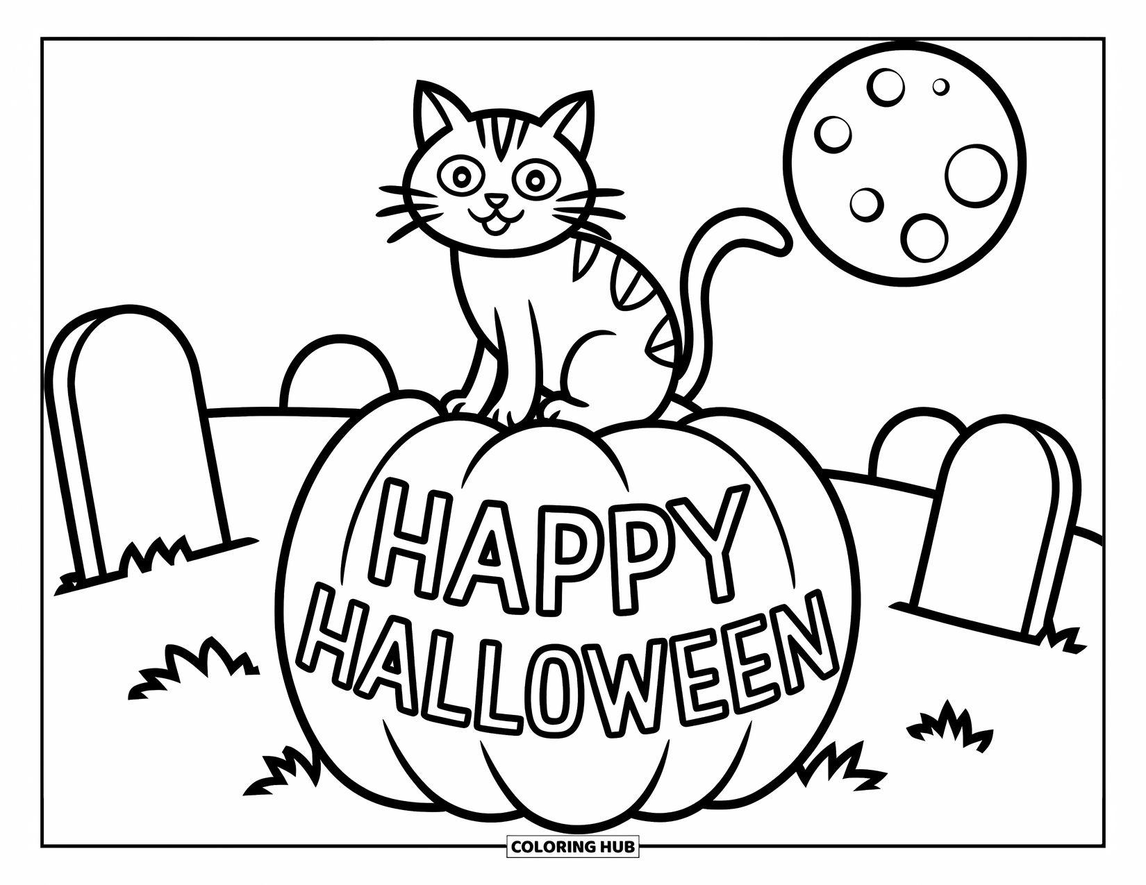 Happy Halloween Coloring Page for Kids: A cat sits on a carved pumpkin in a graveyard under the full Halloween moon
