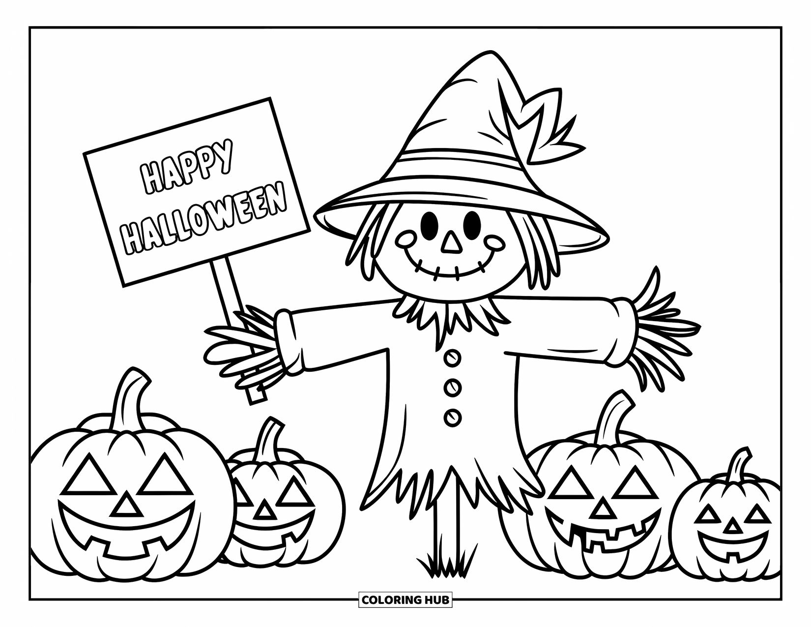 Happy Halloween Coloring Page for Kids: A cheerful scarecrow waves from a patch of pumpkins with Halloween faces