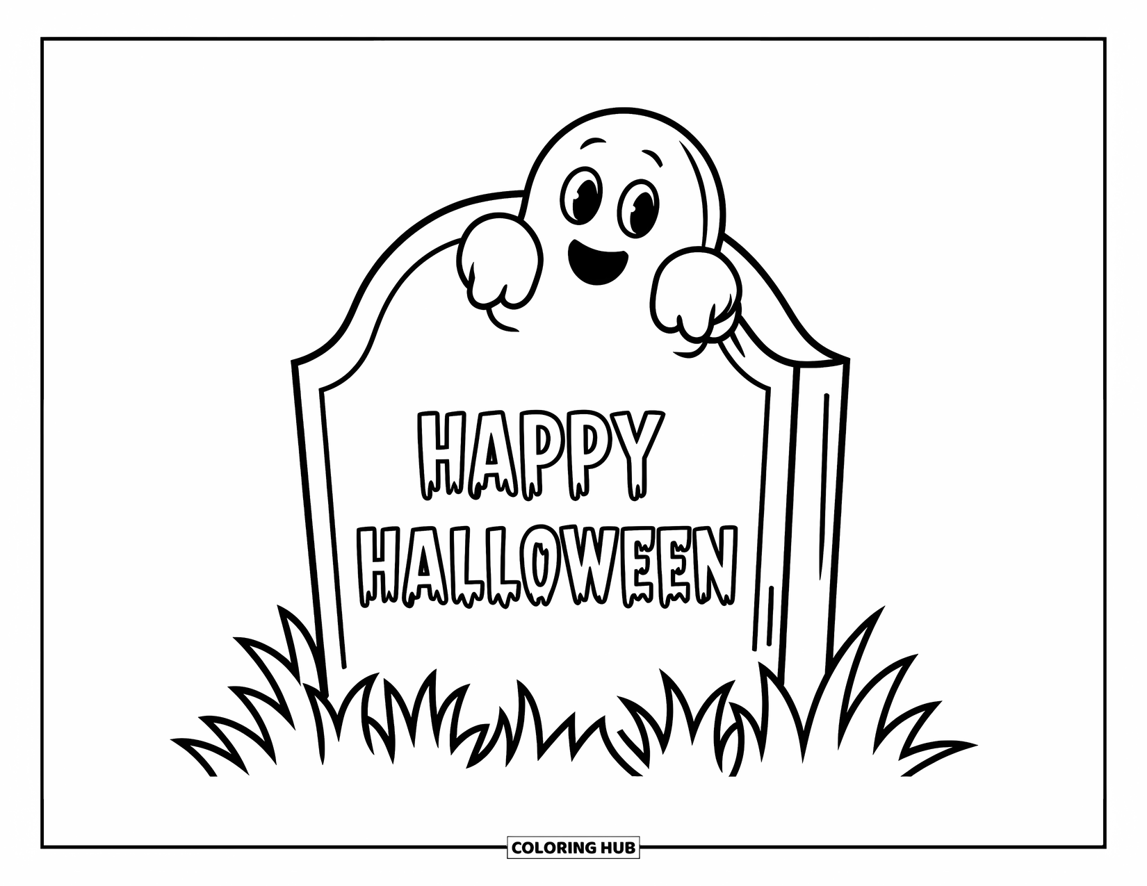 Happy Halloween Coloring Page for Kids: A ghost peeks from a simple tombstone that reads "Happy Halloween" in bold