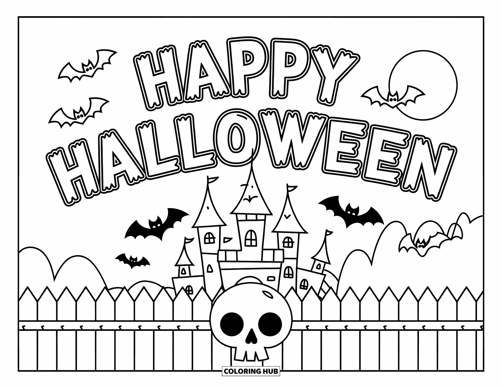 Happy Halloween Coloring Page for Kids: A haunted castle with bats and a skull-topped fence stands under a full moon