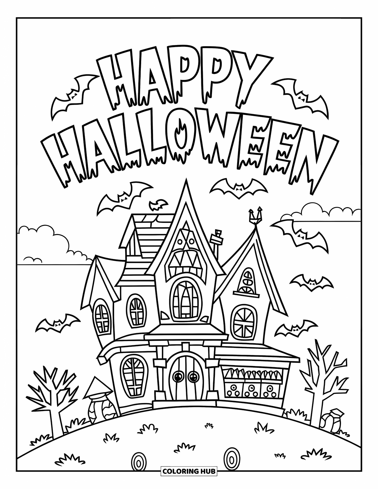 Happy Halloween Coloring Page for Kids: A haunted house with a pointy roof and bats stands under a Halloween moon
