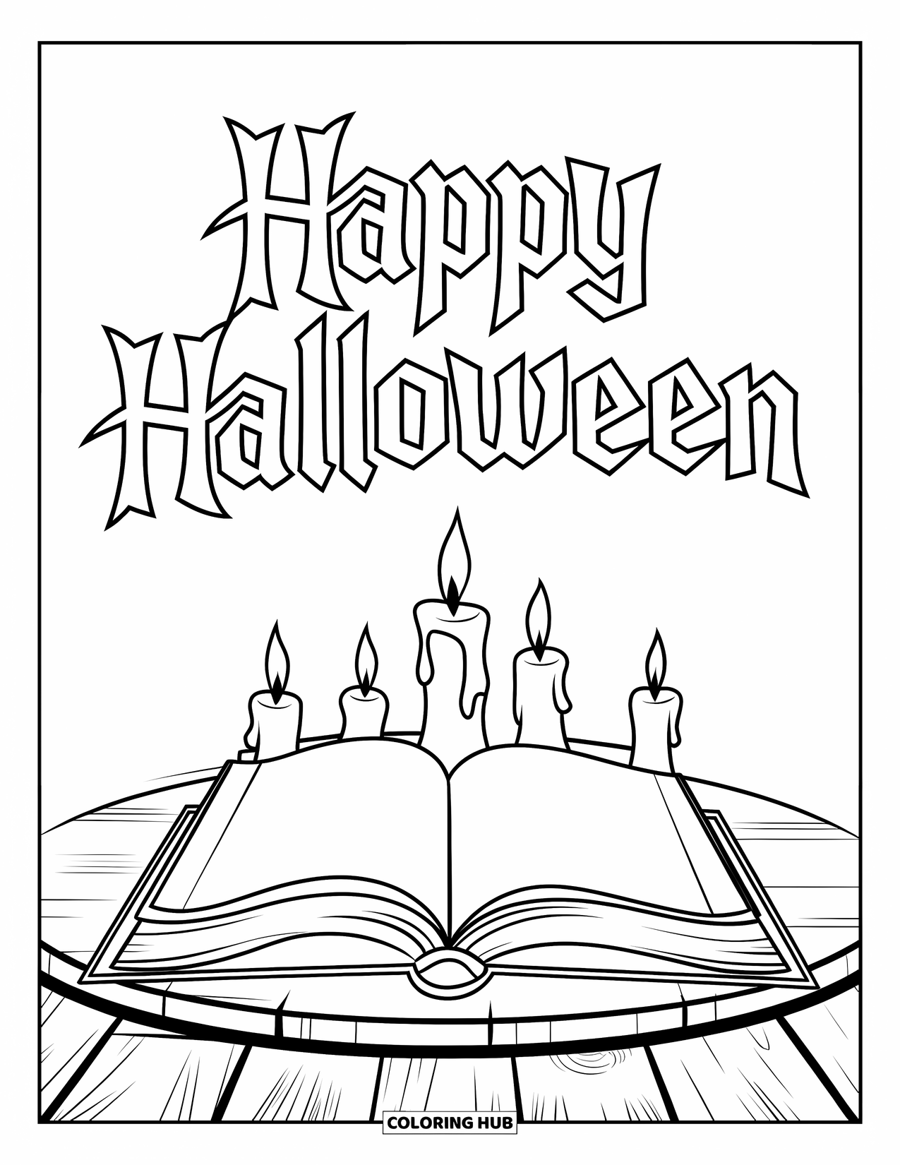 Happy Halloween Coloring Page for Kids: A magic book and glowing candles rest on a table with "Happy Halloween" above