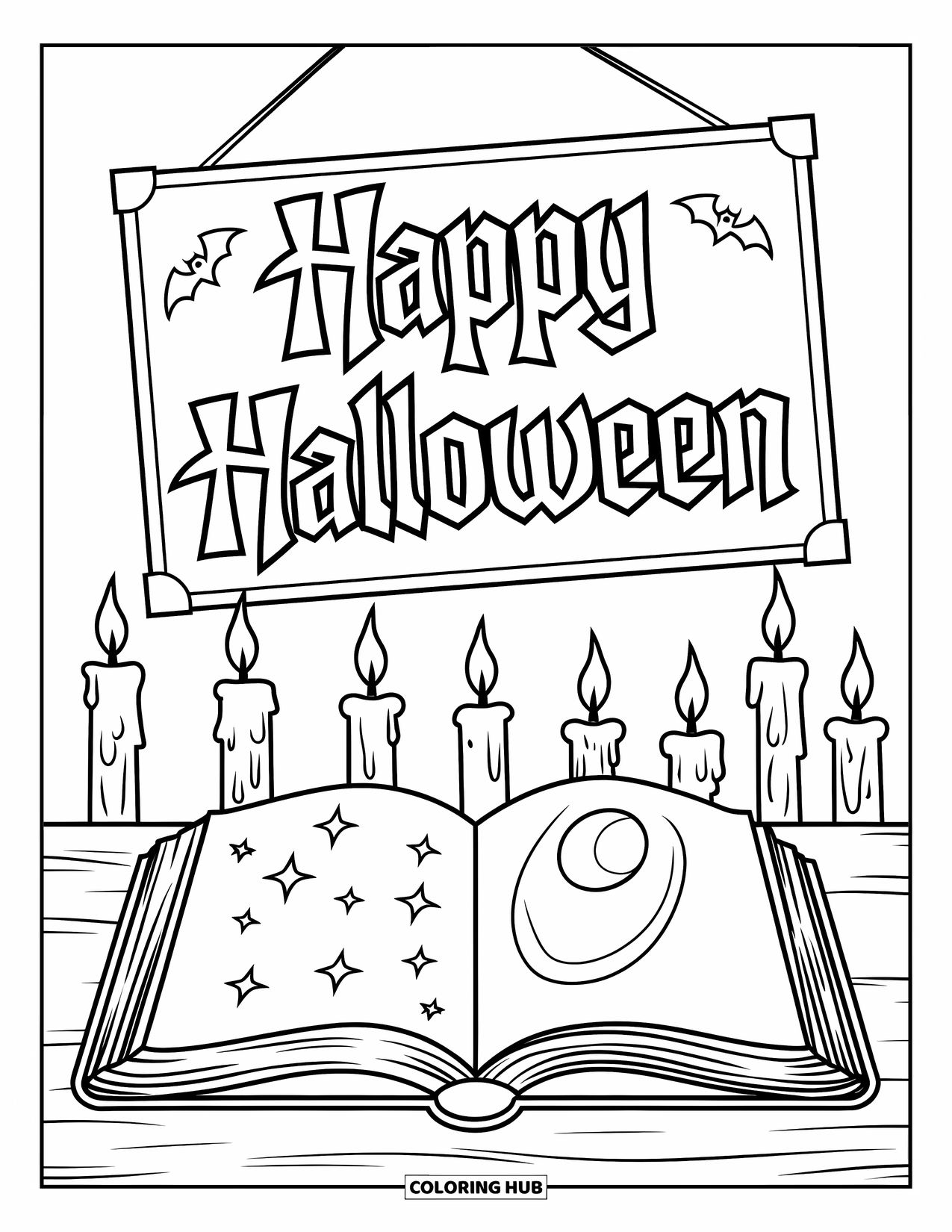 Happy Halloween Coloring Page for Kids: A magic book rests on a table under candlelight and a spooky Halloween sign