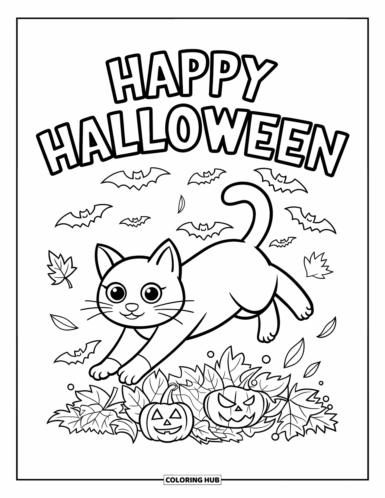 Happy Halloween Coloring Page for Kids: A playful cat leaps through fall leaves with "Happy Halloween" floating above