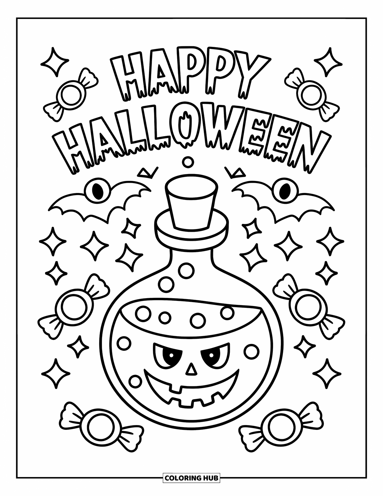 Happy Halloween Coloring Page for Kids: A potion bottle with Halloween candy and stars sits under a cheerful greeting