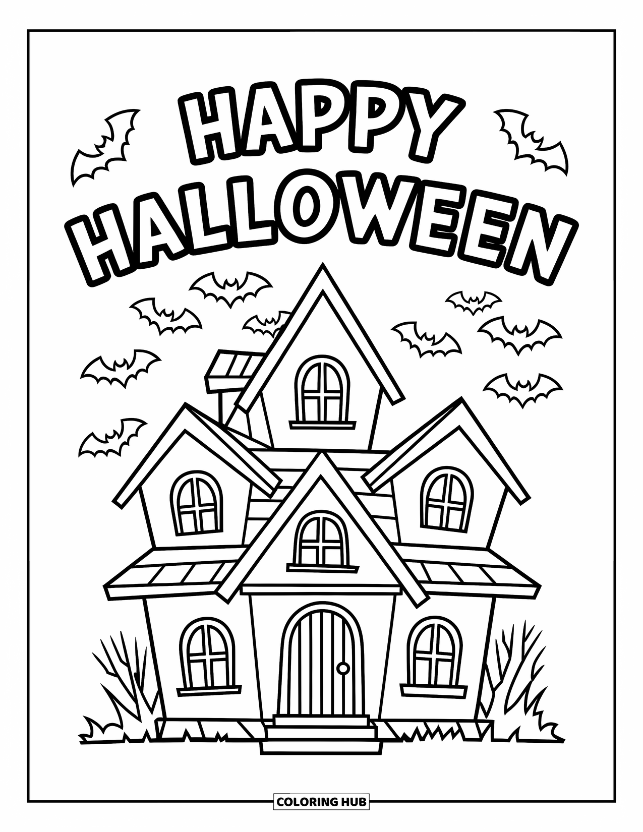 Happy Halloween Coloring Page for Kids: A simple haunted house with bats flies beneath a fun Halloween greeting