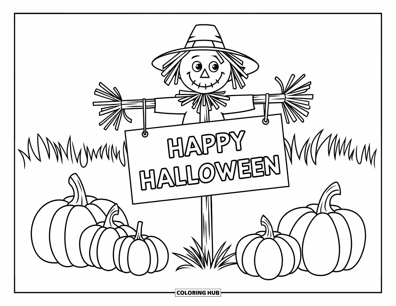 Happy Halloween Coloring Page for Kids: A smiling scarecrow in a field of pumpkins shares a Halloween greeting