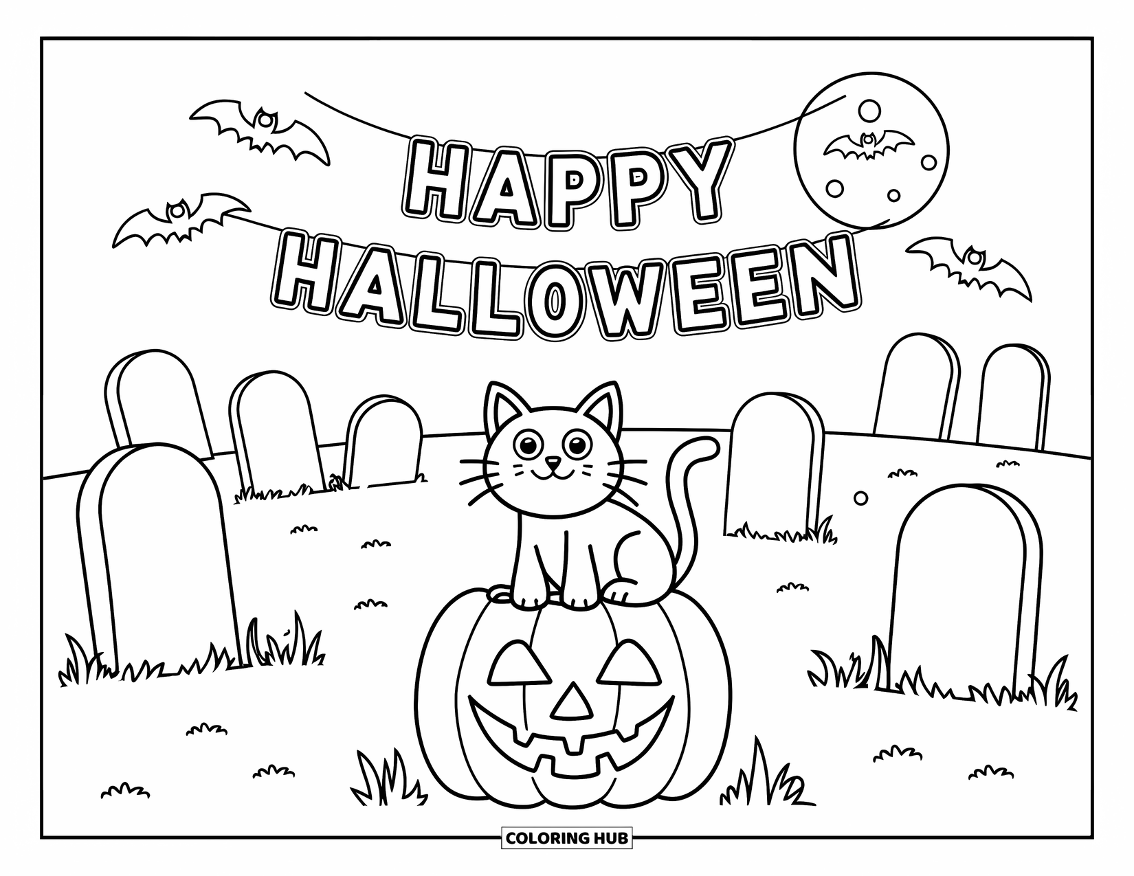 Happy Halloween Coloring Page for Kids: A spooky graveyard cat scene features tombstones, a full moon, and a Halloween banner